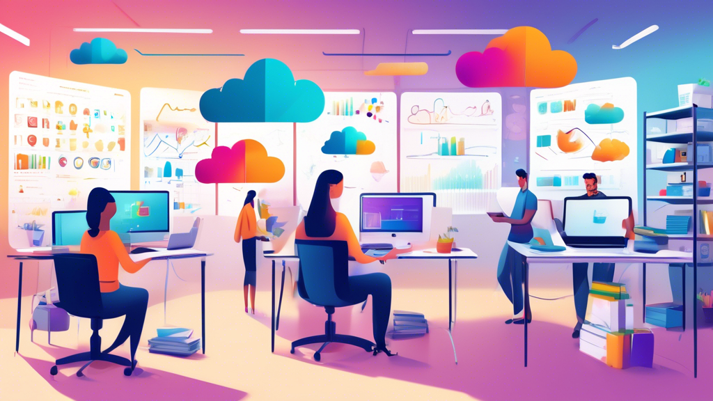 A vibrant office setting where a small team of employees enthusiastically collaborates using laptops and tablets. On a screen in the background, colorful c