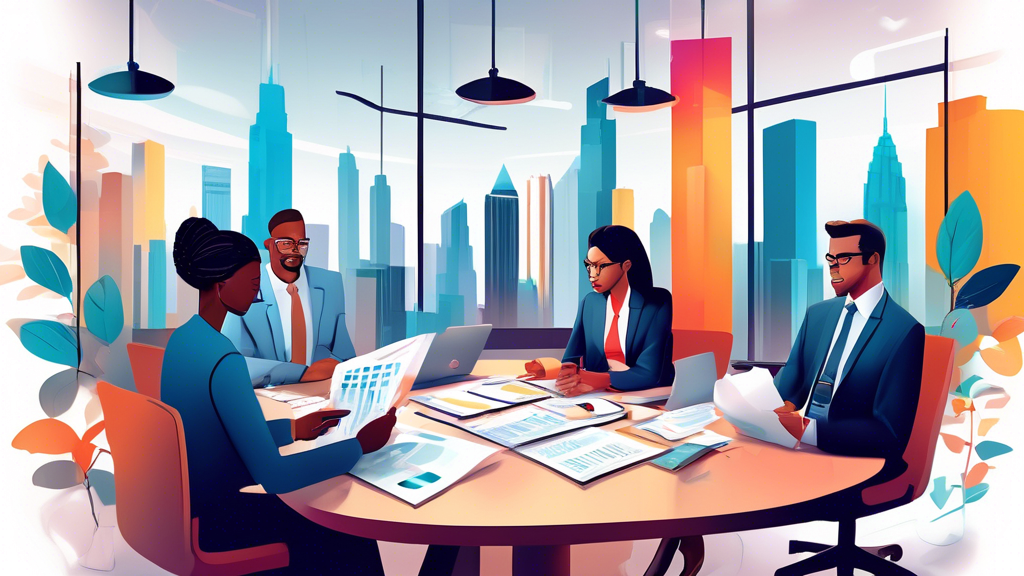 A detailed illustration of a business meeting with a diverse group of professionals discussing customer experience compliance, with legal documents, charts