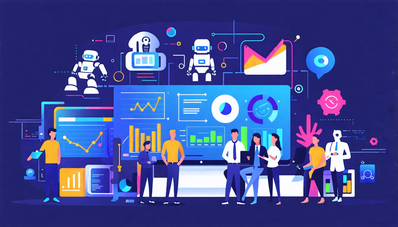An illustration depicting various AI-driven tools and technologies boosting different aspects of a business. Show robots and AI icons assisting in data ana