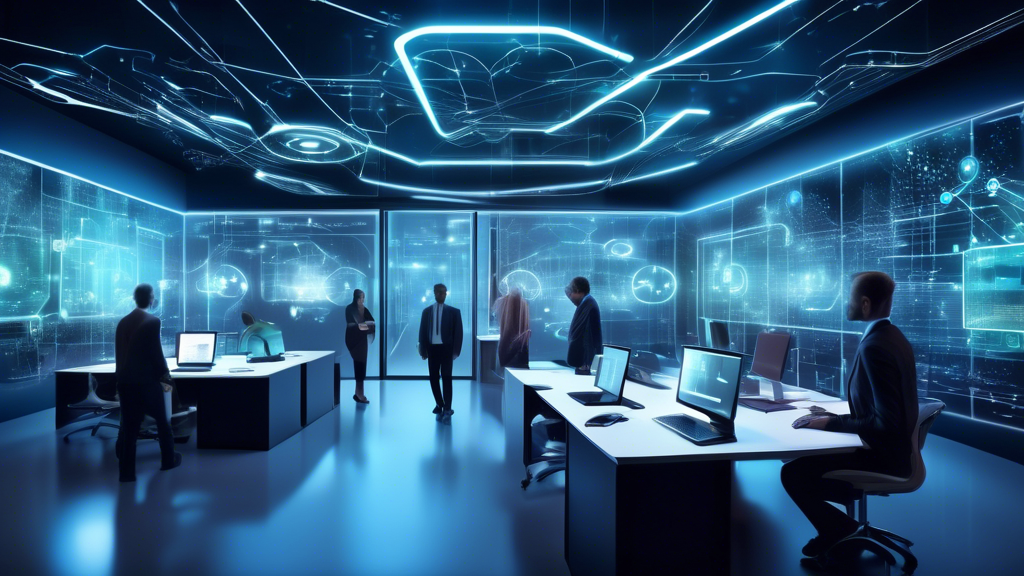 A futuristic office space with diverse digital tools like customer relationship management (CRM) systems, marketing software, and data analytics tools visu