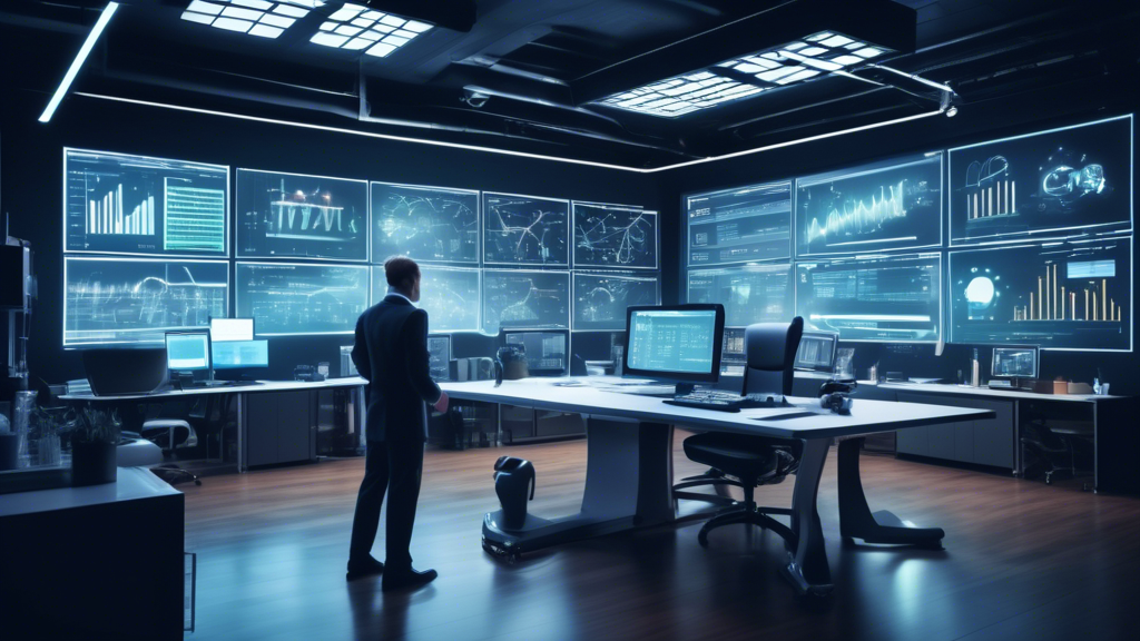 An image depicting a business office with advanced automation technology. In the foreground, a business professional is analyzing charts and graphs on a co