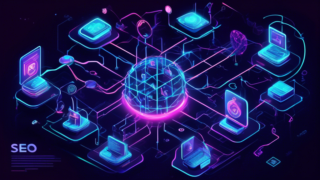 A visual representation of off-page SEO: a large, intricate network of websites connected by glowing, neon lines symbolizing backlinks, with a central webs