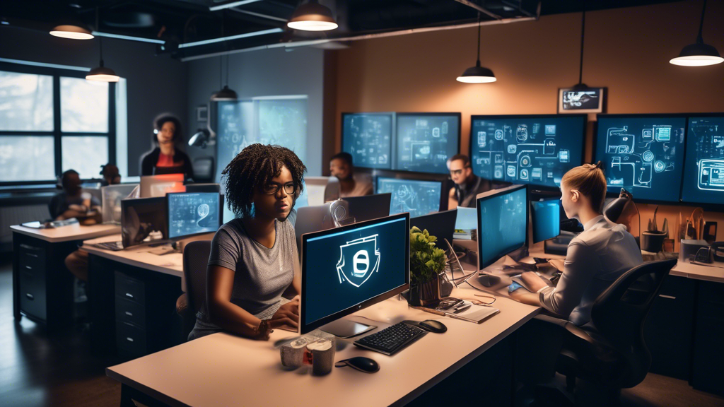 A small business office setting with a diverse team focused on their computers, surrounded by various cybersecurity symbols like padlocks, shields, and war