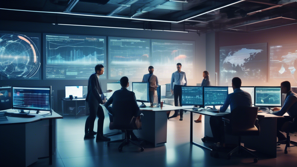 A team of IT professionals working together in a modern, high-tech office environment. They are surrounded by computer screens displaying data charts, grap