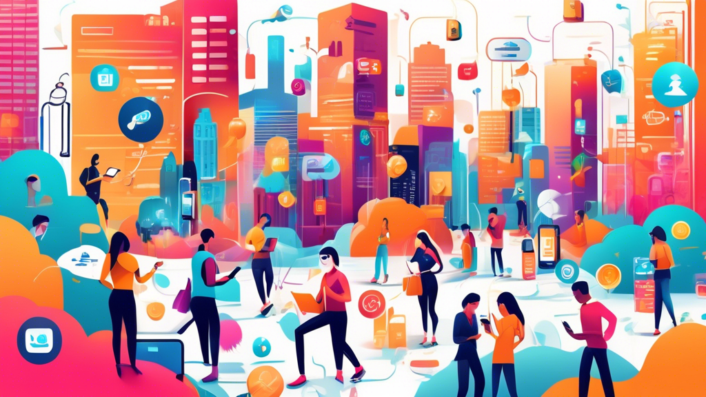 A vibrant cityscape with diverse people using smartphones and tablets, surrounded by floating icons representing mobile marketing elements such as push not