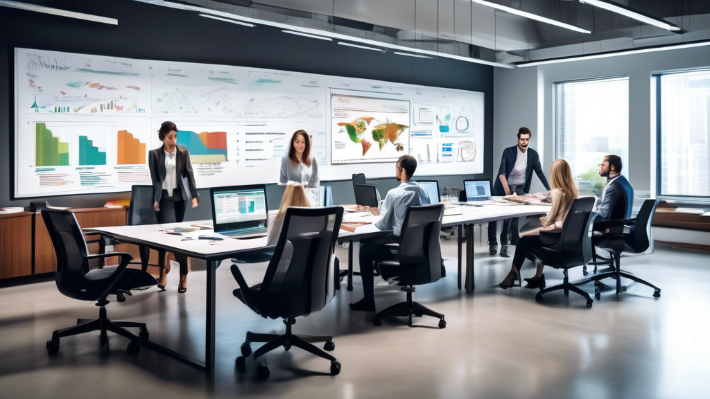 A modern office workspace with a diverse team of professionals collaboratively working around a large conference table covered in laptops, tablets, and fin