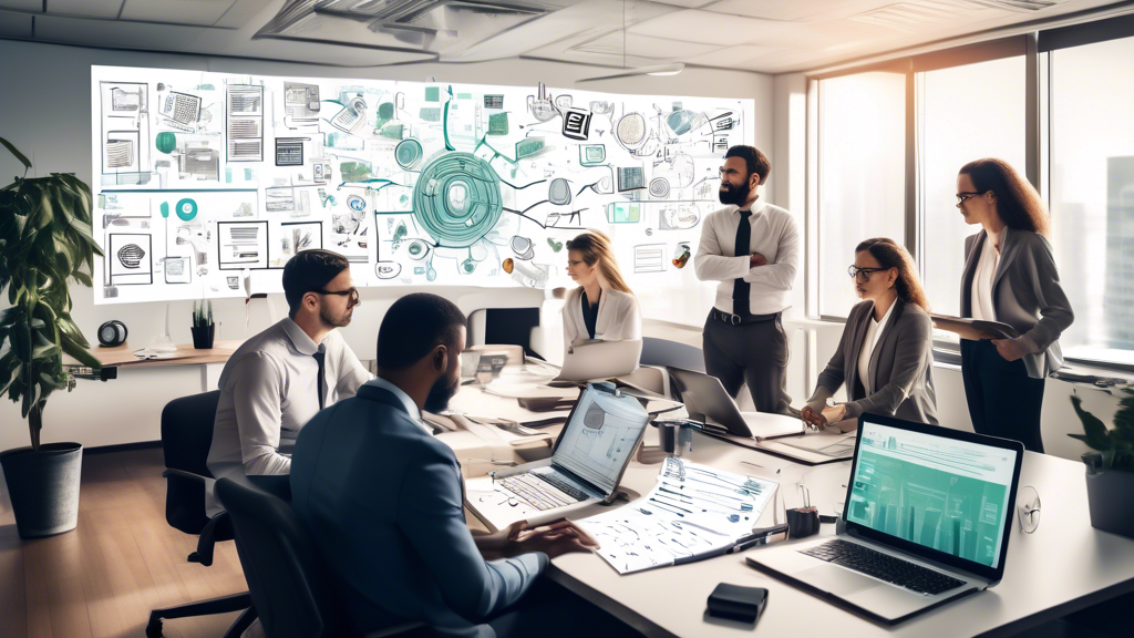 A group of professionals in a modern office setting, gathered around a large table cluttered with laptops, documents, and compliance manuals. A prominent w