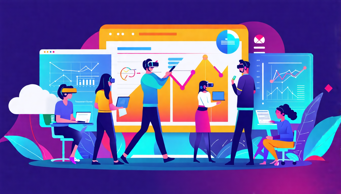 Create an image depicting the future of digital transformation for small businesses. Show a small business setting with a diverse group of people working o
