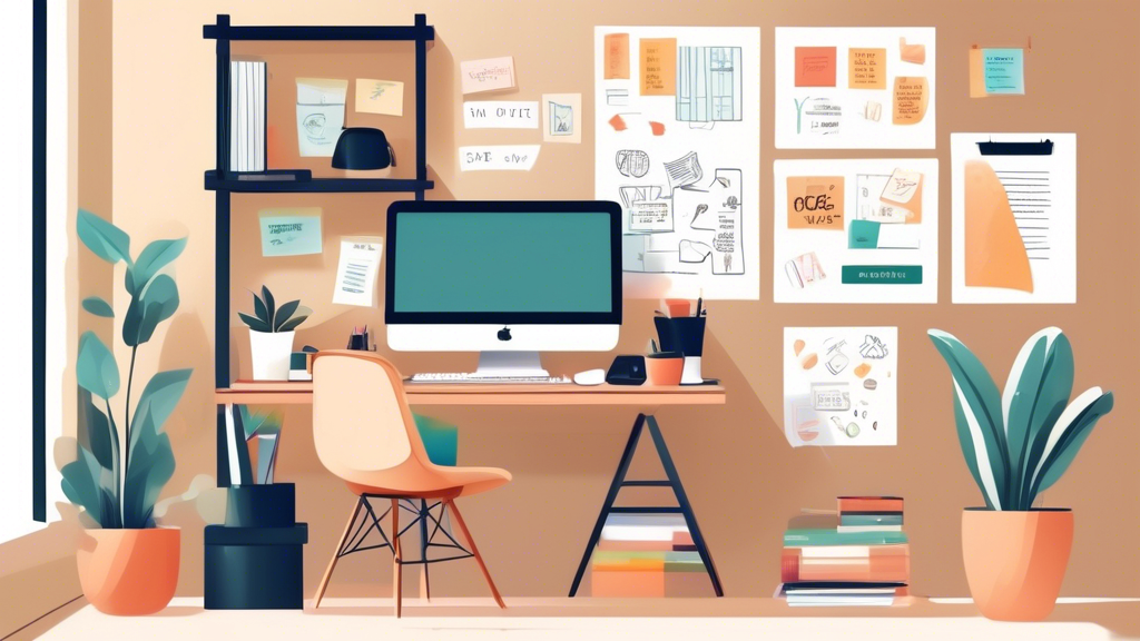 An organized home office setup with natural light, including a desk with a computer, a comfortable chair, a planner, sticky notes, some motivational quotes