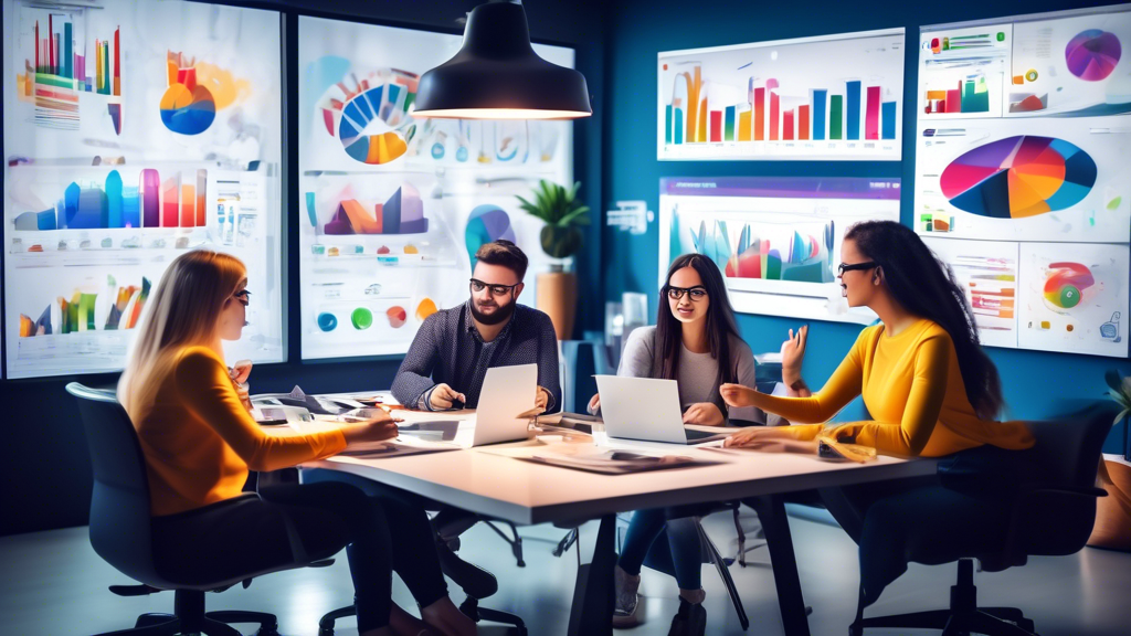 A creative image of a business meeting in a modern office. The main focus is a diverse team of young marketers brainstorming and discussing various colorfu