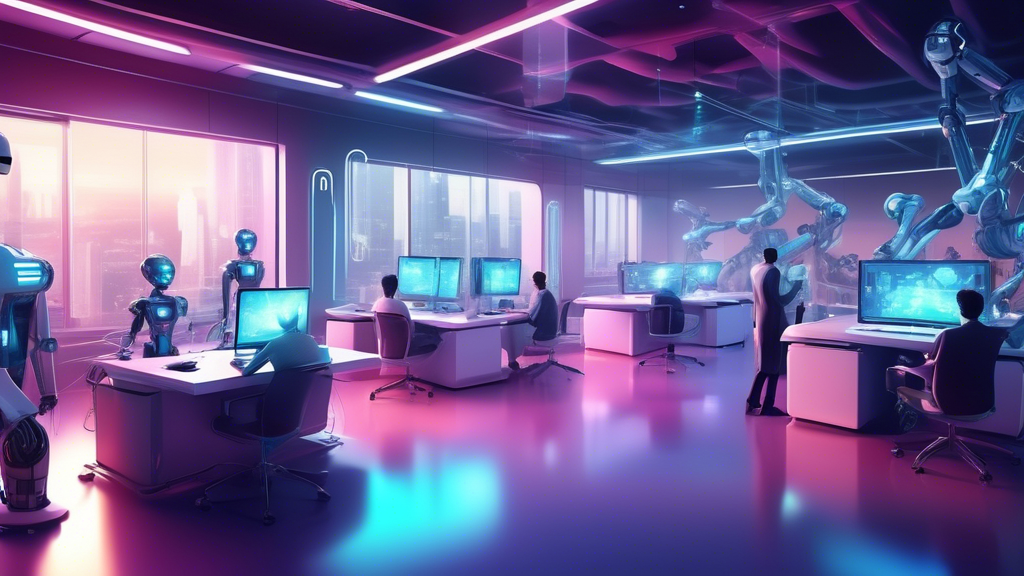 Create an image of a futuristic office where robots and AI-powered machines are seamlessly performing various tasks. The office should have holographic scr