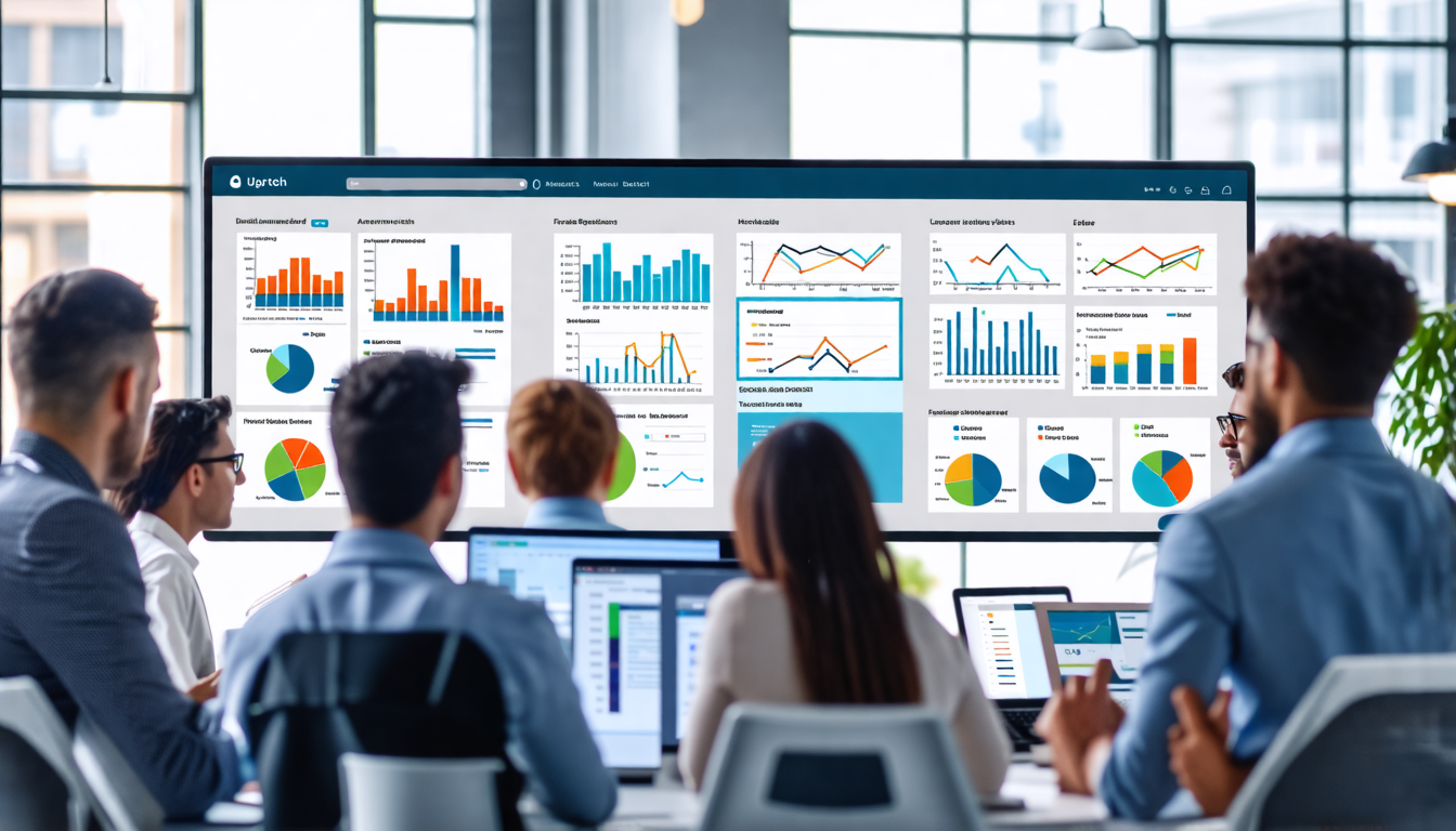 A diverse team of project managers in a modern office setting, surrounded by various project management tools and software on large screens. The scene shou