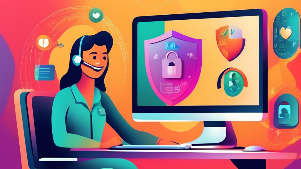 Create an image showing a friendly customer service representative on a computer screen, assisting a happy customer. The background should include icons re