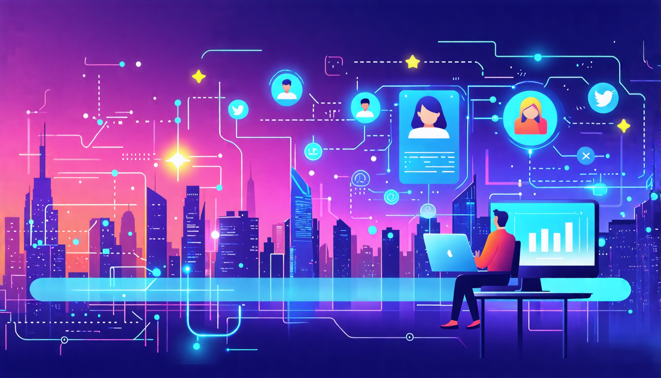 A futuristic illustration of a small business owner managing their online reputation using advanced technology, such as holographic interfaces and AI assis