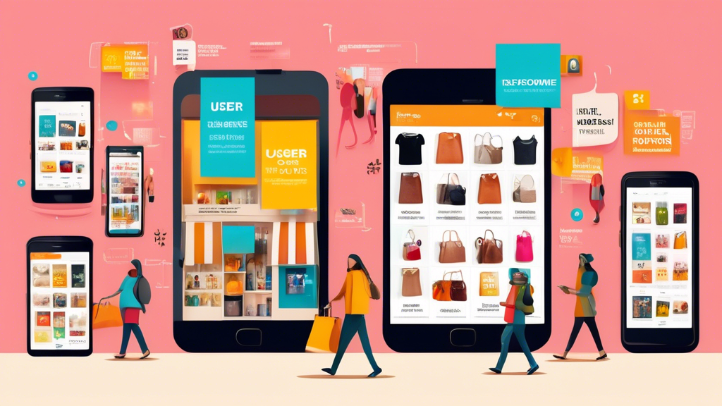 A bustling digital storefront showcasing a variety of products, seamlessly displayed on smartphones and tablets held by diverse users. The image highlights