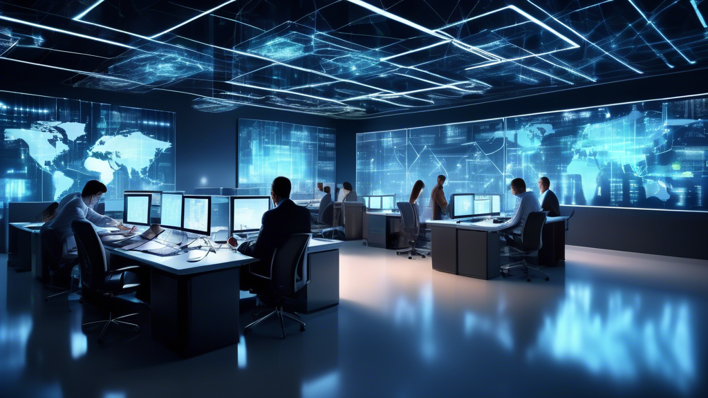 A high-tech office environment with various digital devices and computer screens seamlessly connected by glowing data streams. The image depicts multiple s