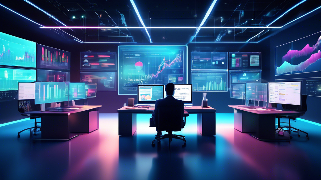A high-tech office environment showcasing multiple computer screens displaying various financial software interfaces seamlessly interconnected with digital