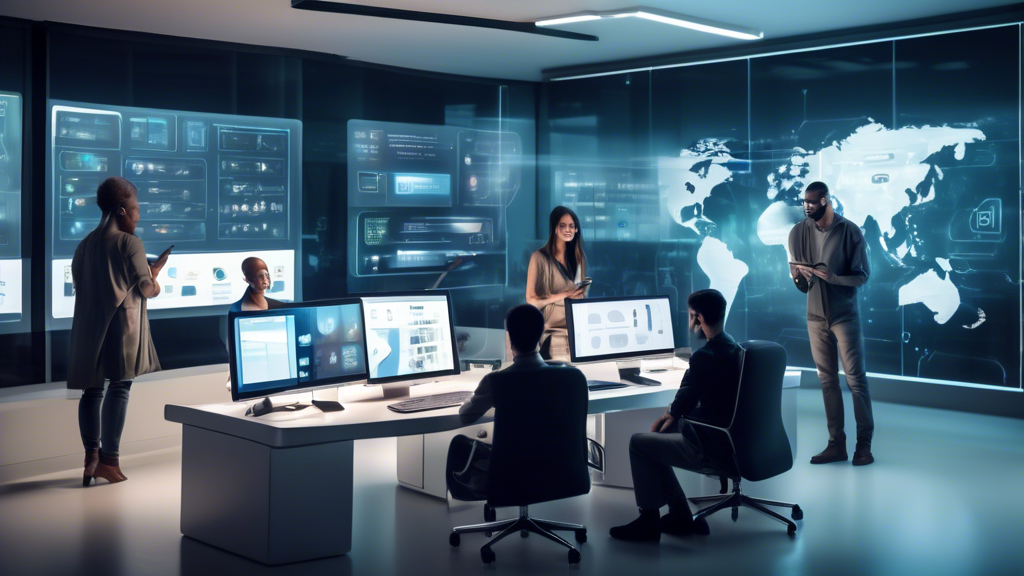 A futuristic user interface being tested by a diverse group of people in a modern, sleek office environment, showcasing seamless and intuitive interactions