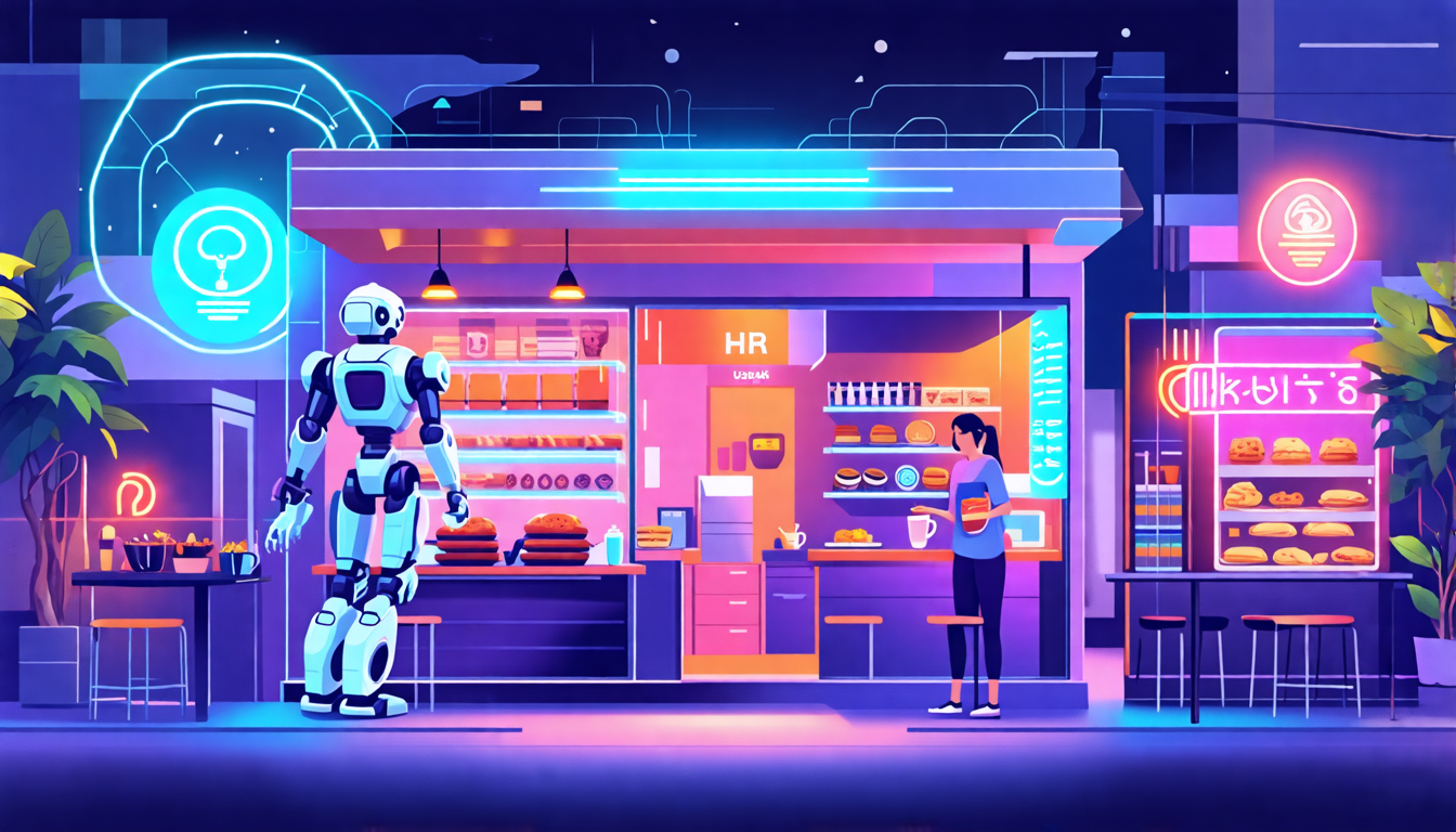 A futuristic café with robots serving coffee and taking orders, a small retail store using AI-powered holograms to showcase products, a cozy workspace with