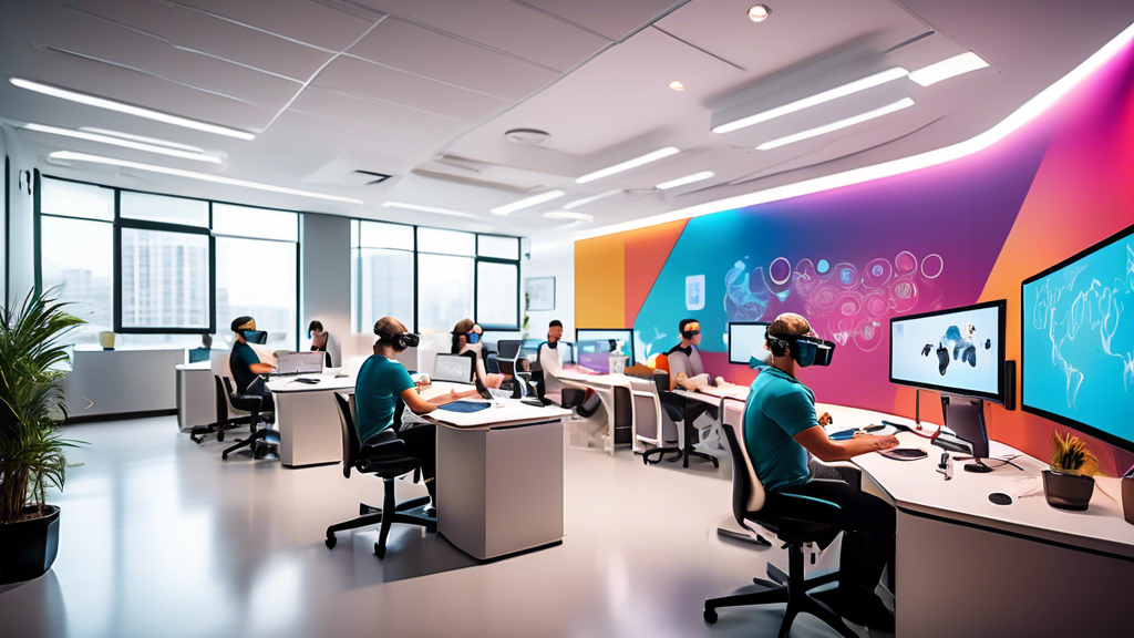 A modern small business office with employees engaged in various cutting-edge training activities, including virtual reality (VR) headsets, digital whitebo
