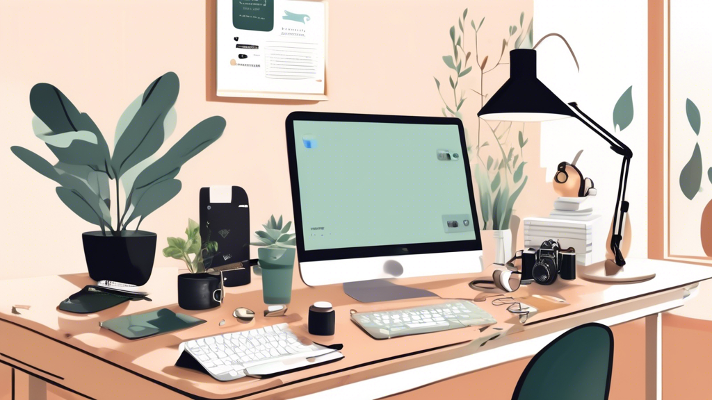 An illustration of a modern workspace table with a computer monitor displaying social media feeds. Around the table are various toolkit items such as a set