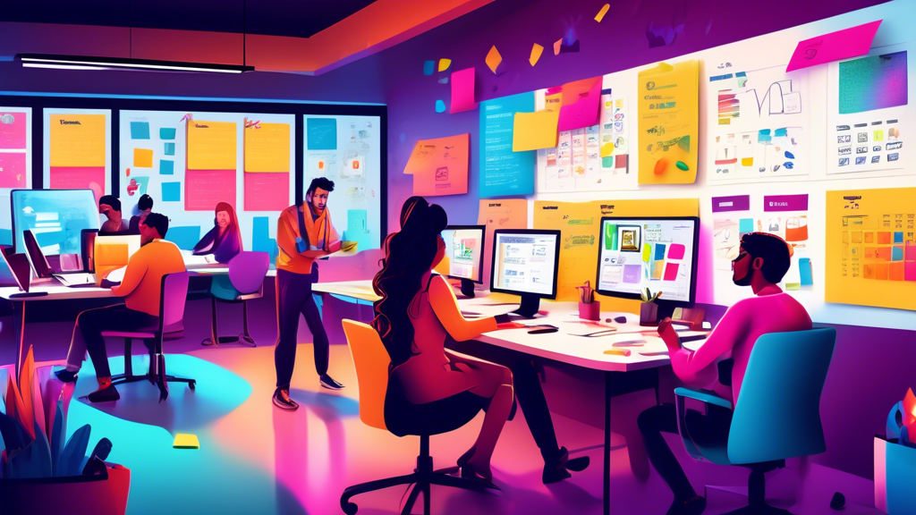 An image depicting a vibrant, modern workspace filled with a team of enthusiastic people collaborating on a creative project. In the forefront, a computer