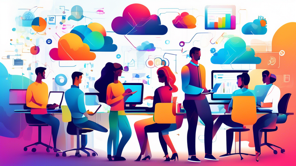 Create an illustration of a modern office environment where people are using various cloud applications on their devices - laptops, tablets, and smartphone