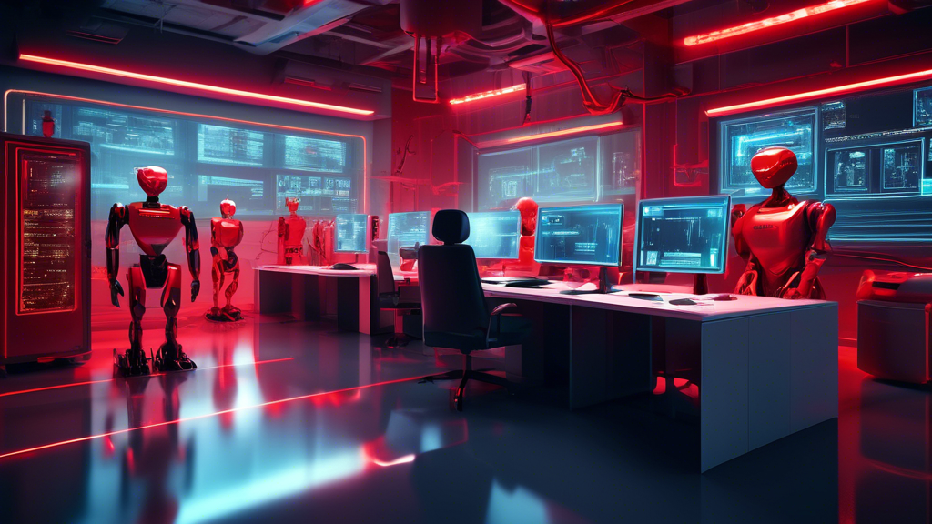A futuristic, fully automated office environment with sleek, modern machines and robots performing various tasks, but with an overlay of ominous red warnin