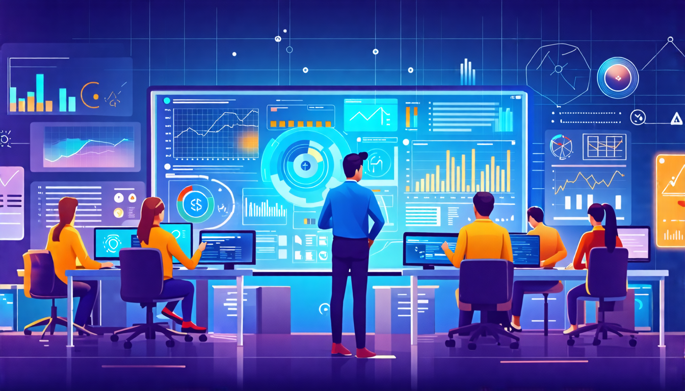 A modern office setting bustling with diverse professionals working on computers and tablets, showcasing customized digital interfaces and dashboards. High