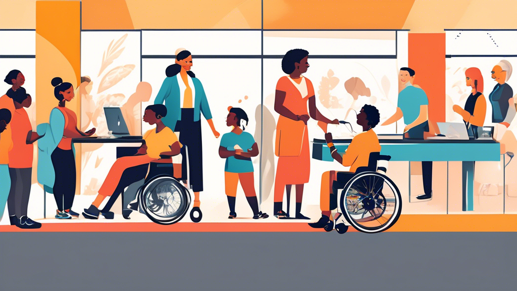 Create an image depicting a diverse group of people of various ages, ethnicities, and abilities interacting with a customer service desk in a welcoming and