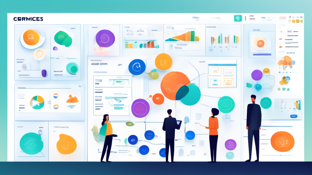 A graphic representation of a customizable CRM software interface, with multiple widgets, charts, and modules being adjusted and rearranged by a user. Incl