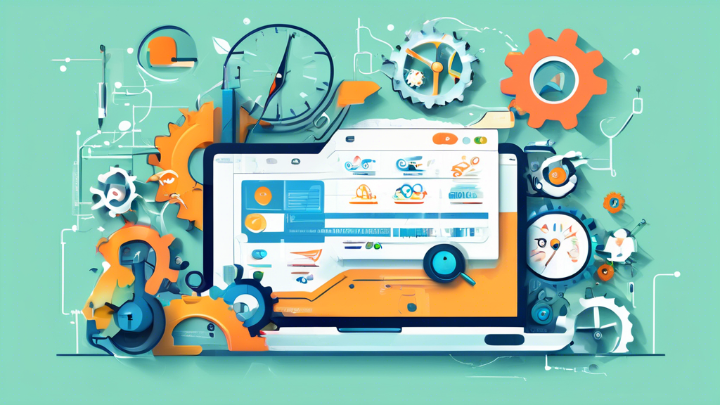 An illustration showcasing a website with various technical elements such as sitemaps, meta tags, and structured data, alongside tools like a speedometer,