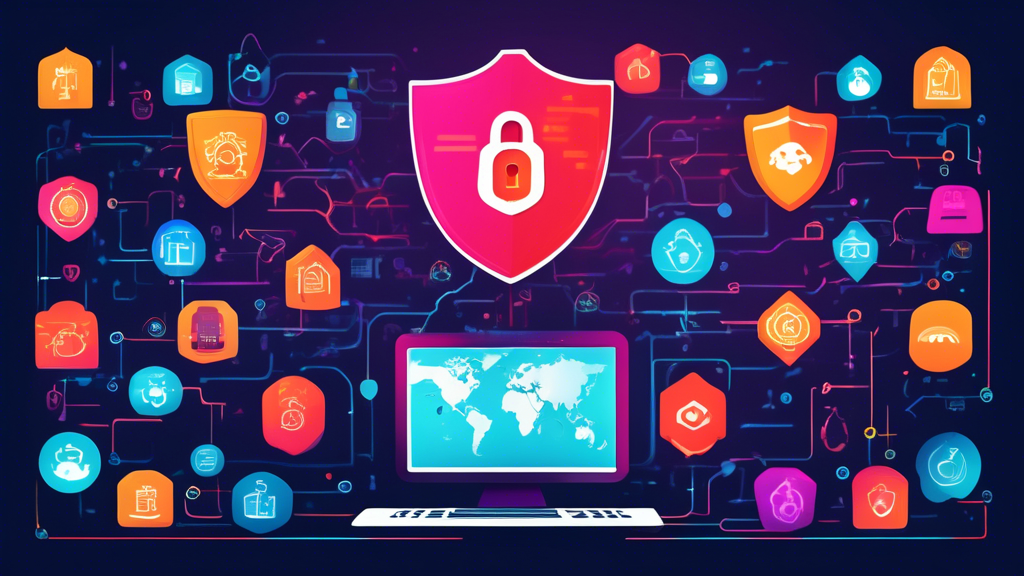 A computer screen displaying various firewall settings, surrounded by icons representing cybersecurity, such as shields, locks, and warning symbols. In the