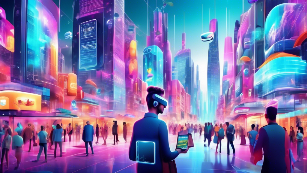 A futuristic cityscape with small businesses thriving amidst advanced mobile technology, featuring holographic advertisements, people using augmented reali