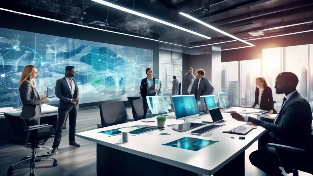 Create an image showcasing a team of professionals collaborating in a modern office environment, surrounded by advanced technology such as interactive digi