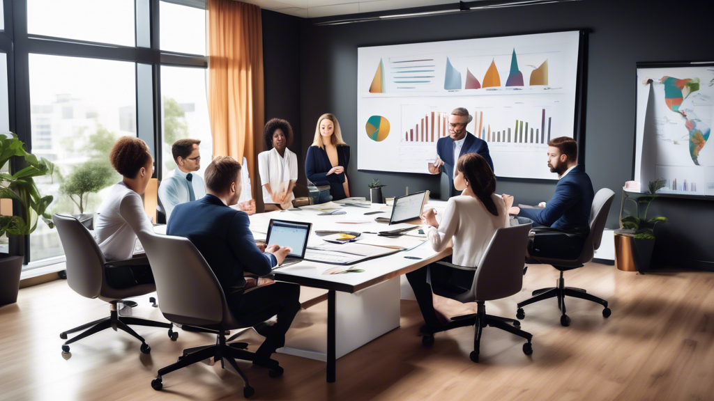 Create an image of a diverse team of professionals gathered around a conference table with laptops and financial documents, brainstorming and discussing IT