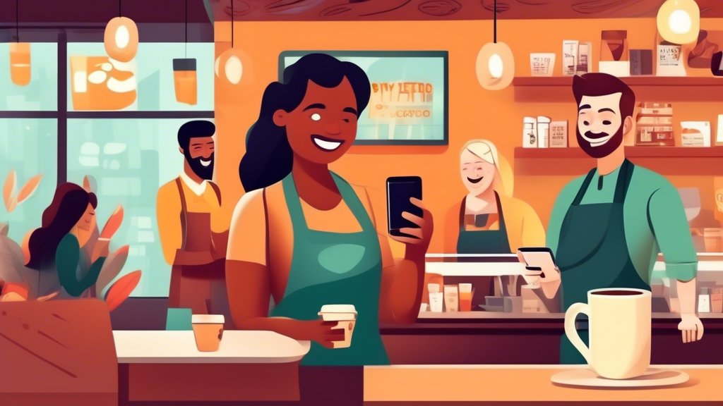 Create an image depicting a cozy coffee shop with customers happily interacting. Highlight a barista showing a phone screen to a customer, where an SMS mar