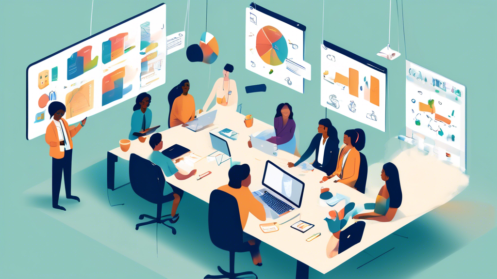 An illustrated office scene featuring a diverse group of employees, both in-person and virtual, engaged in a meeting. Show various communication tools bein