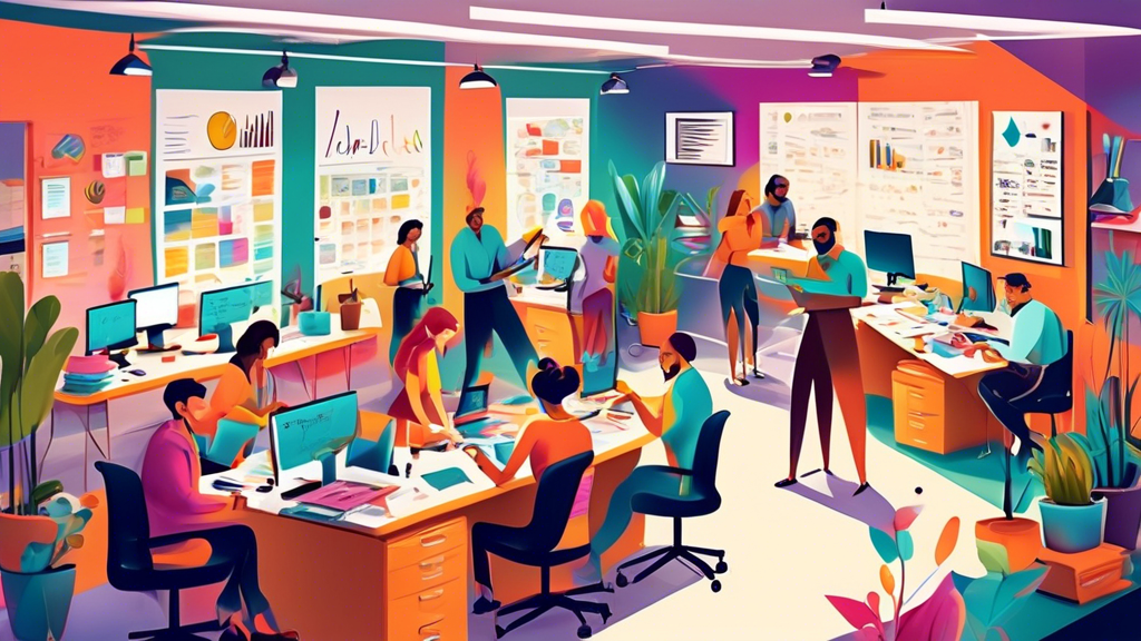 A dynamic scene of a bustling small business office with a variety of employees working on different tasks. The office is filled with vibrant energy, and o