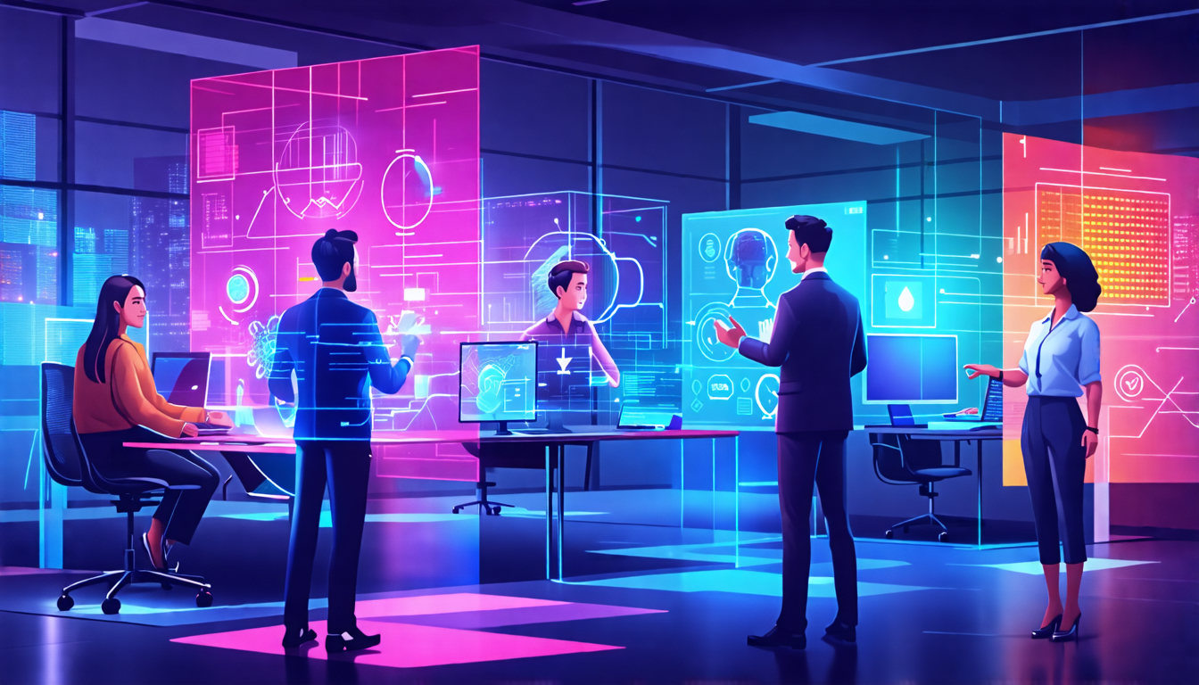 A futuristic office setting where business professionals are interacting with advanced AI holograms. Each hologram is customized differently to assist with