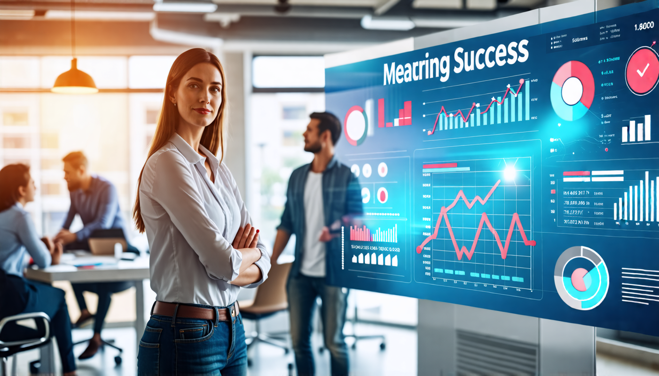 A modern office setting with a project manager standing confidently in front of a digital dashboard displaying various charts and graphs of project perform