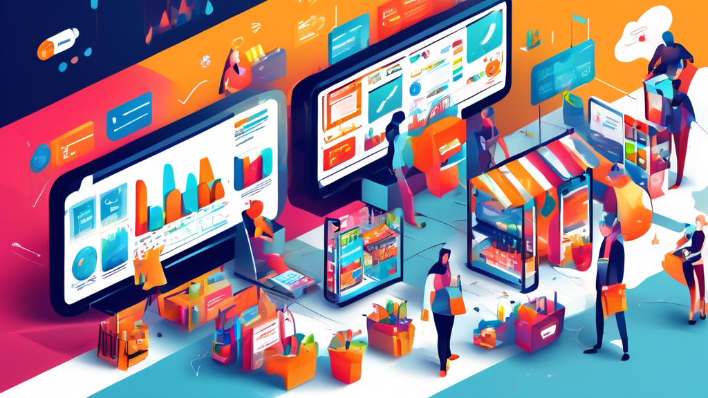 An energetic, modern digital illustration of a bustling online store with a variety of products, vibrant shopping carts, and numerous devices like laptops,