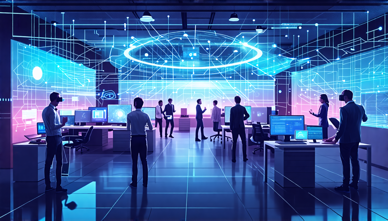 A futuristic office space filled with various pieces of advanced technology seamlessly working together, including smart screens, AR/VR devices, and automa