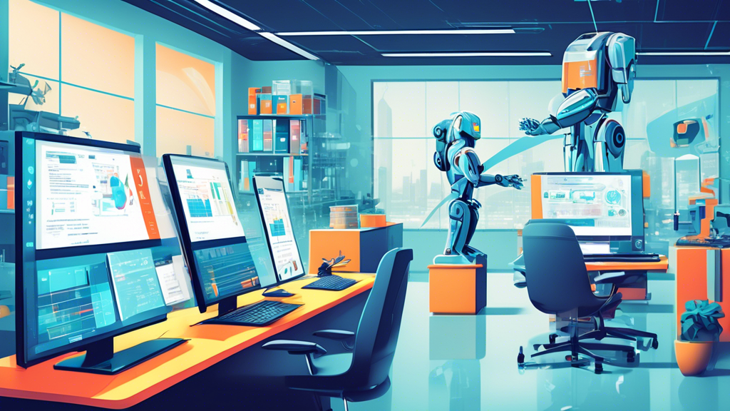 An illustration of a modern office with robotic arms and advanced machinery automating various tasks like filing paperwork, organizing inventory, and manag