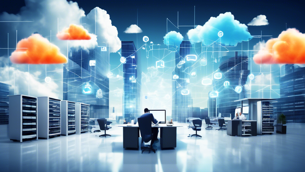 Create an image of a modern office building with various technology icons (such as servers, databases, and cloud symbols) transitioning from the building i