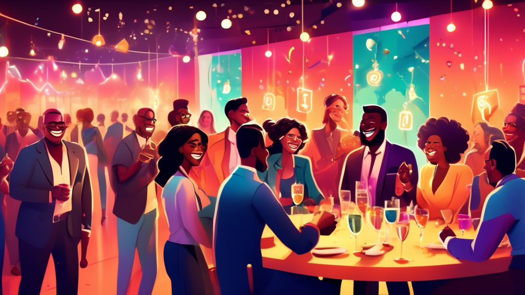 A vibrant and engaging scene featuring a diverse group of people at a lively social gathering, with some individuals laughing, chatting, and making new con