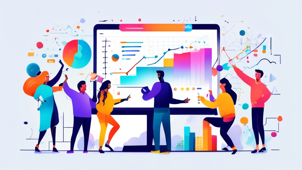 A captivating social media post featuring an energetic team celebrating around a computer screen with graphs and charts showing rising metrics, symbolizing