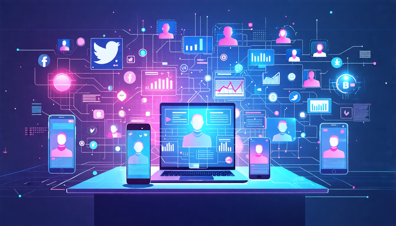 A futuristic office setting where various devices like laptops, smartphones, and tablets display interconnected digital profiles and analytics. There are s