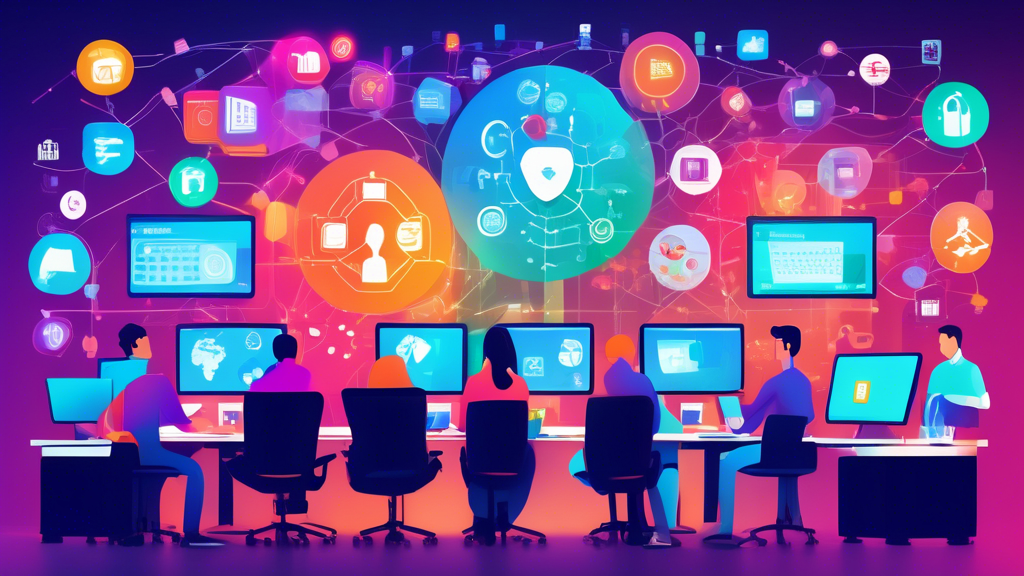 A vibrant office environment where employees are actively engaged in training with various integrated digital tools. The scene includes a large screen disp