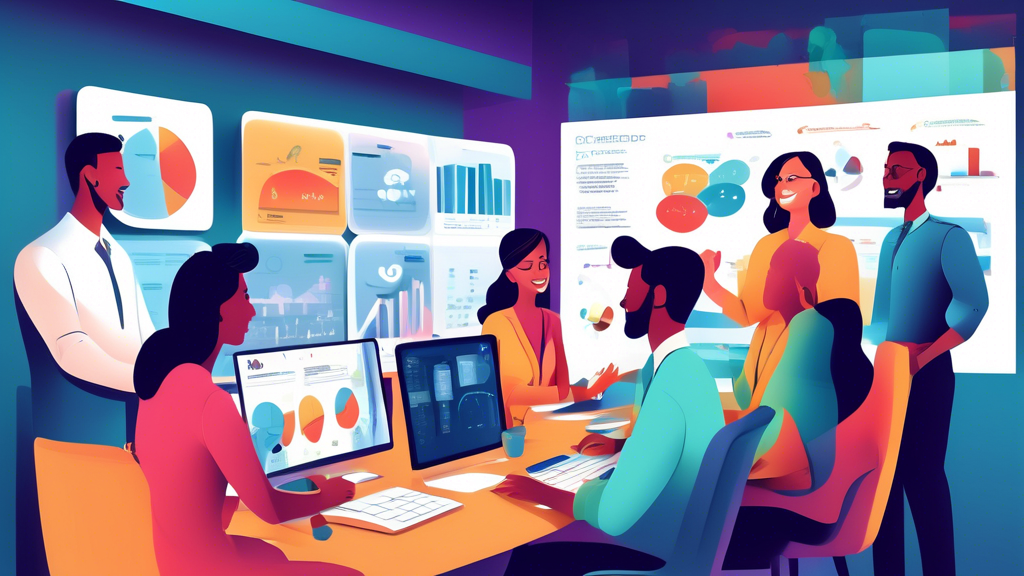 Create an image depicting a diverse team of office professionals enthusiastically gathered around a computer screen displaying a CRM dashboard. The team me